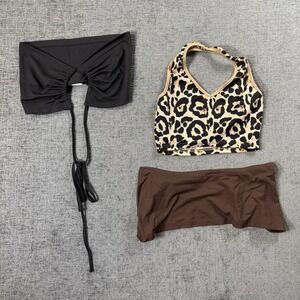 Women's Shein Cropped Tie Halter Top Lot Of 3 Size XS/S Cheetah Brown Black‎